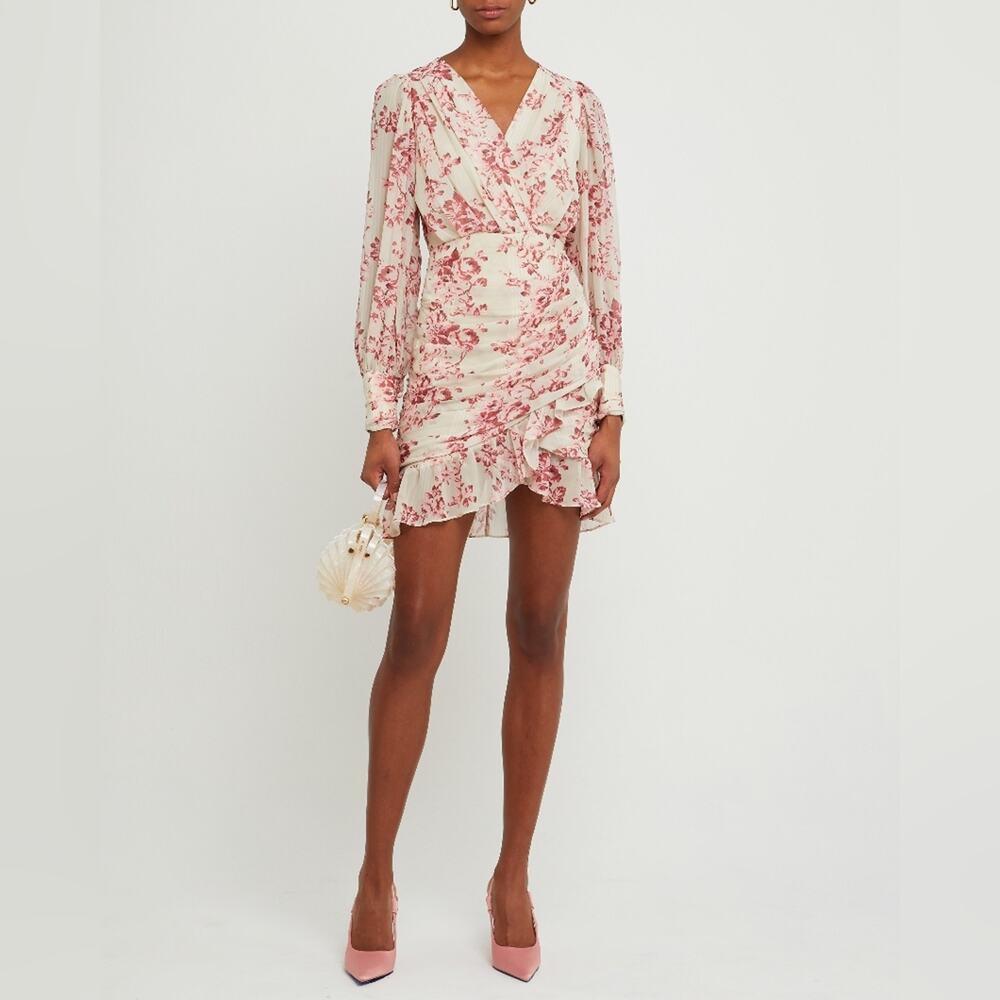 o.p.t. Romina long sleeve Pink rose floral Ruched chic mini dress small NWT